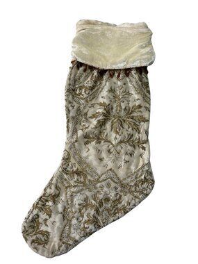 Bombay Ivory Gold Beaded Christmas Stocking Velvet Holiday Decor Mantel Hanging